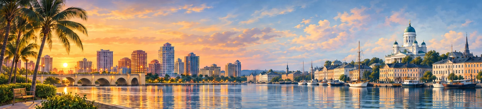 Illustrated waterfront panorama blending South Florida and Helsinki, Finland